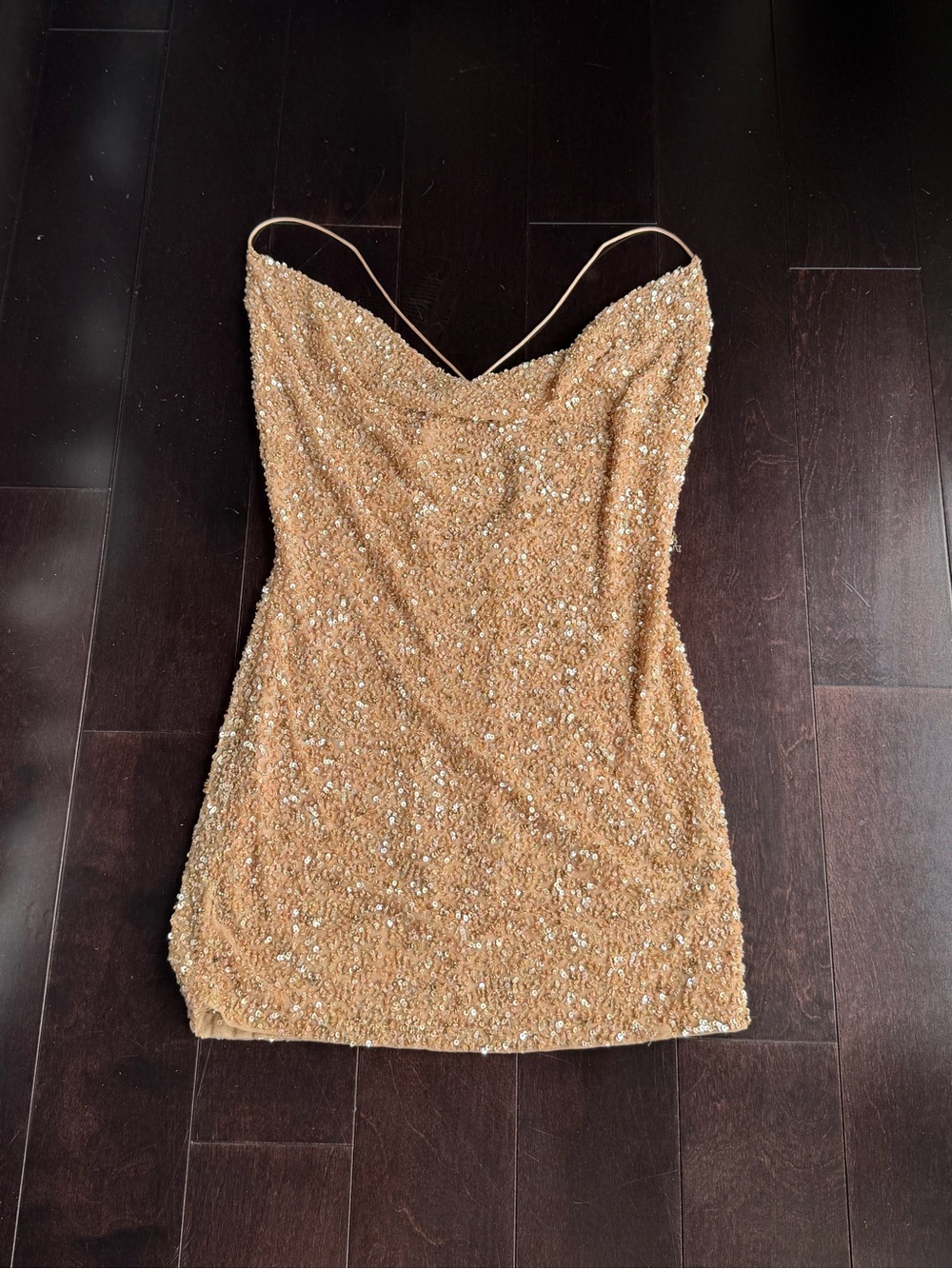 Retrofete Gold Sequin Spaghetti-Strap Mini Dress